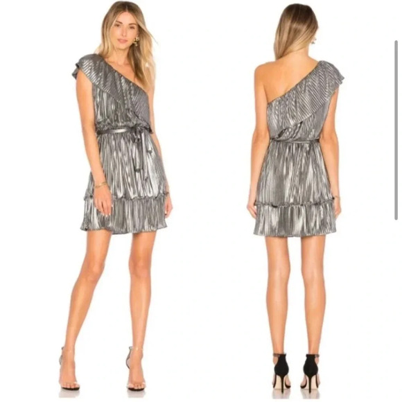 NWT Saylor Metallic Gun Metal Silver One Shoulder Mini Ruffle Dress Size S - Picture 1 of 6